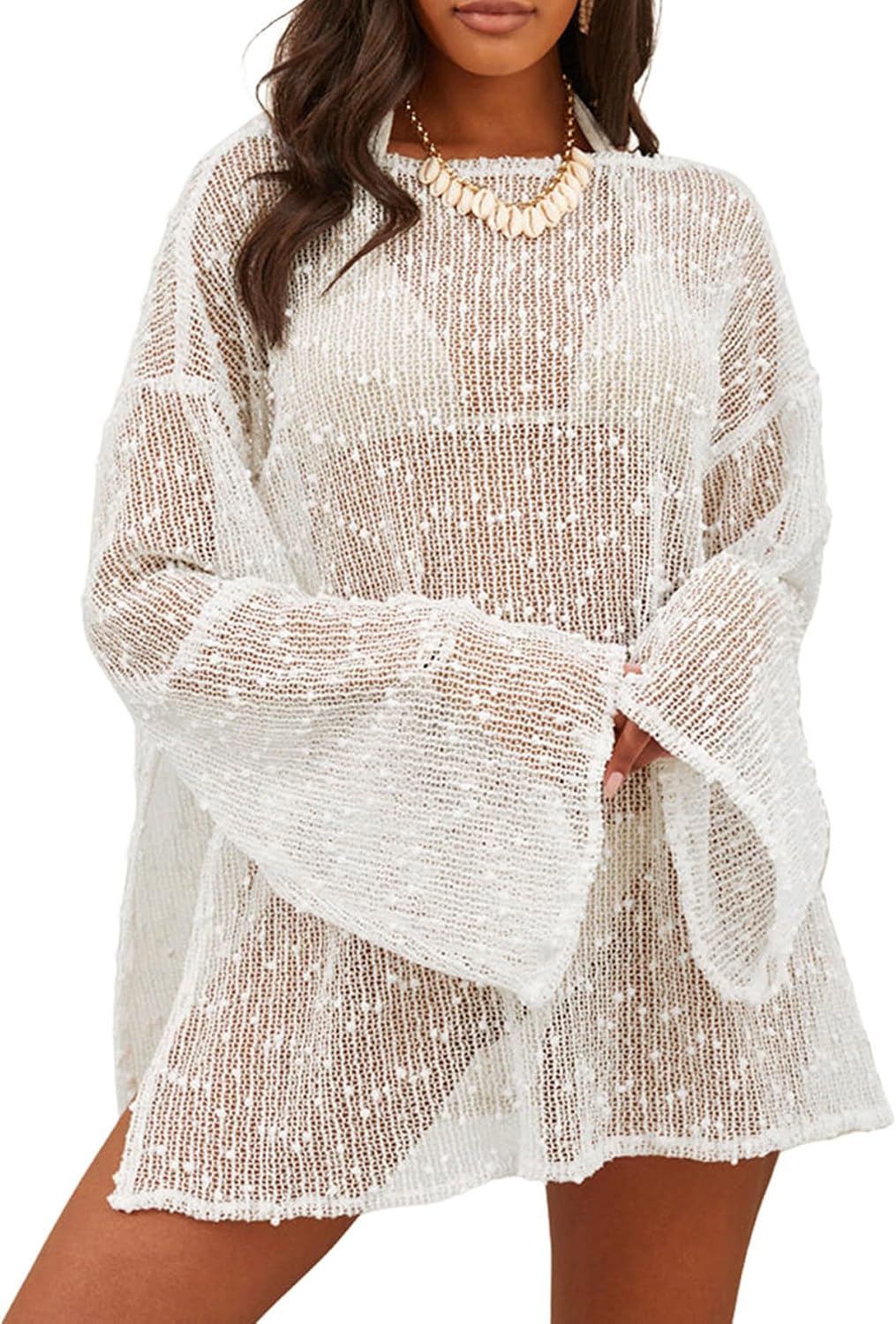 Lilosy Sexy Crochet Sheer Kaftan Caftan Beach Dress Bathing Suit Swim Coverup Summer Vacation Outfits One Piece