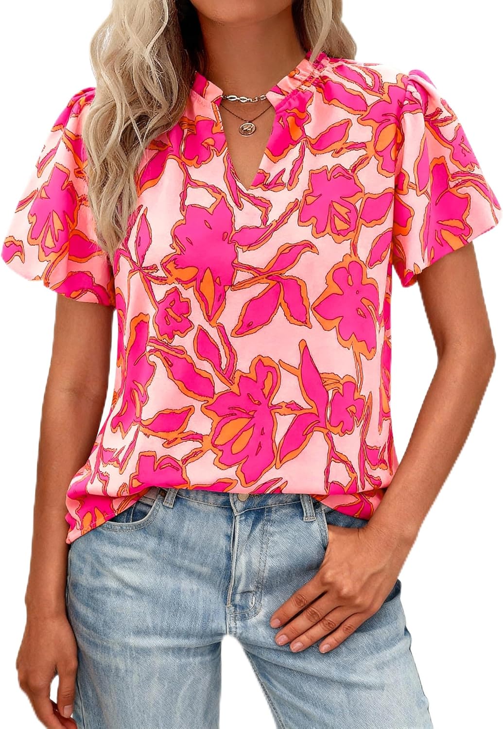MASCOMODA Boho Short Sleeve Floral Work Blouses for Women Dressy Casual V Neck Puff Sleeve Loose Chiffon Flowy Tops Shirts