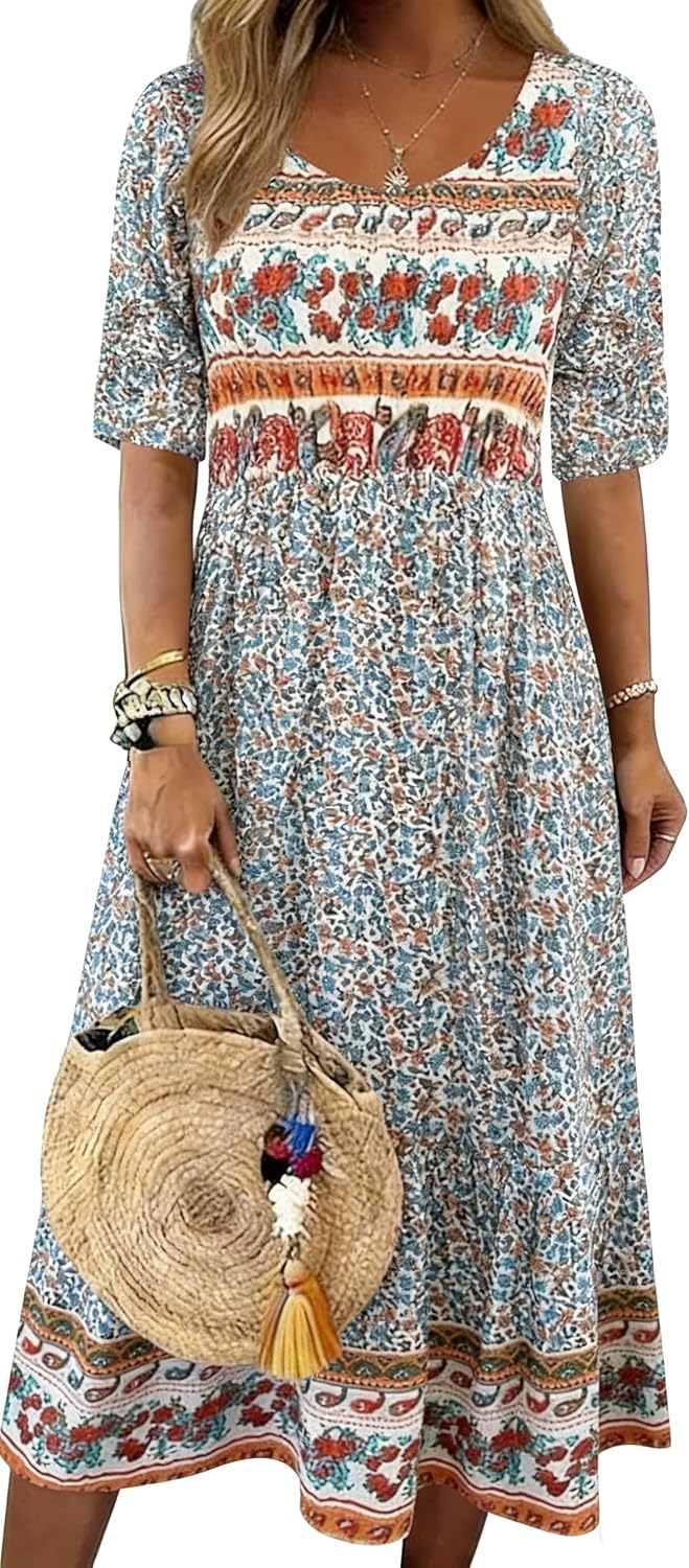Kubsid Womens Boho Dress Summer Casual 2026 Short Sleeve Loose Fit Floral Maxi Dress Flowy Beach Vintage Sundress