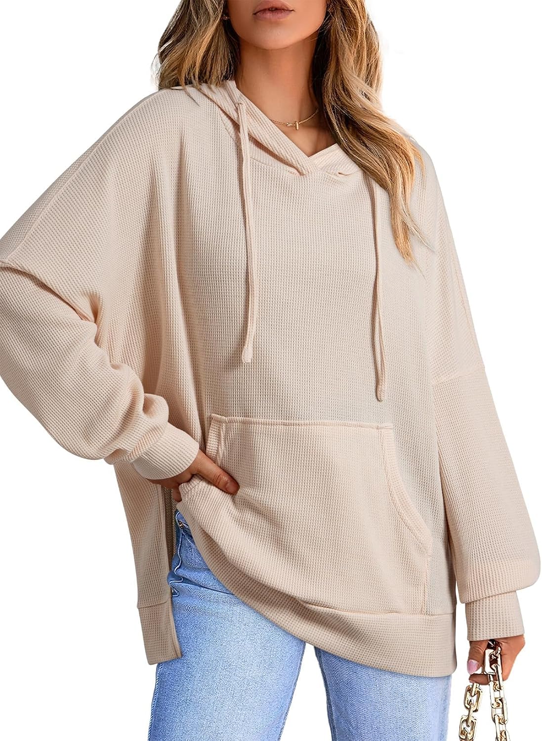 Dokotoo Oversized Hoodies for Women Casual Long Sleeve Waffle Knit Drawstring Side Slit Pullover Sweatshirts with Pocket