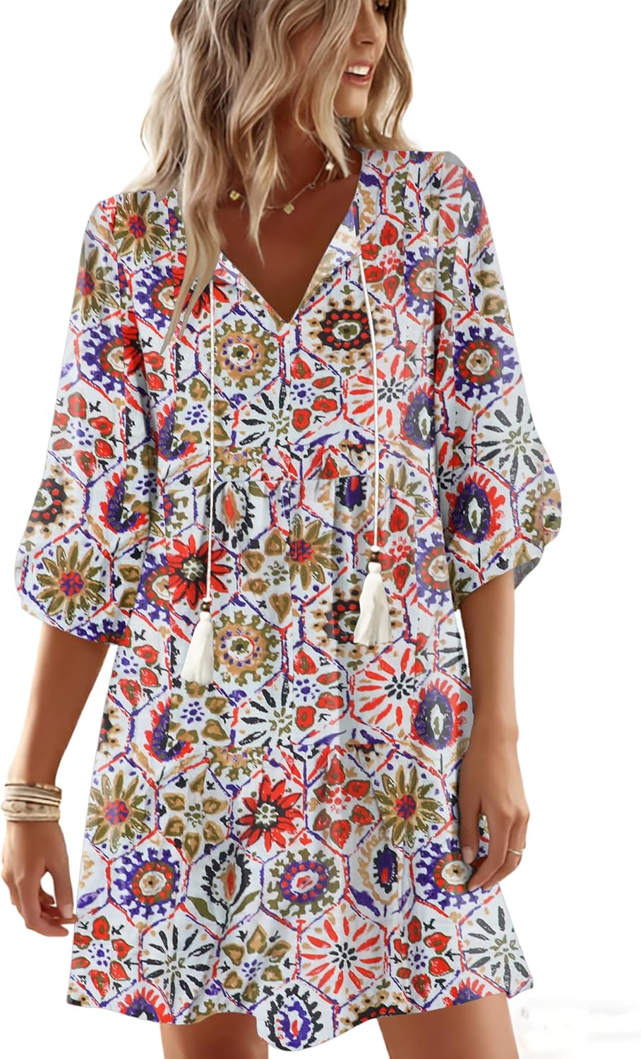GUNEST Boho Summer Dresses V Neck 3/4 Sleeve Floral Printed Loose Plus Size Flowy Beach Vacation Dress