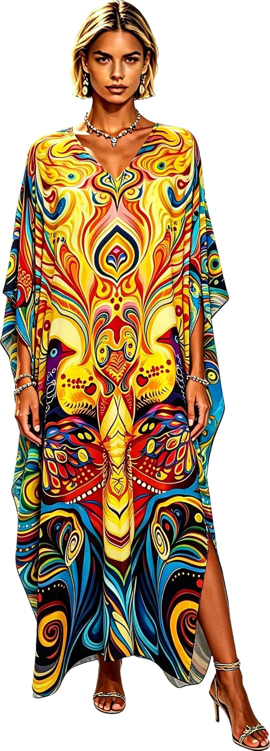 RanRui V-Neck Batwing Sleeve Peacock Kaftan Dresses for Women – Plus Size Kaftans, Beach Caftans & Swimsuit Cover Ups,