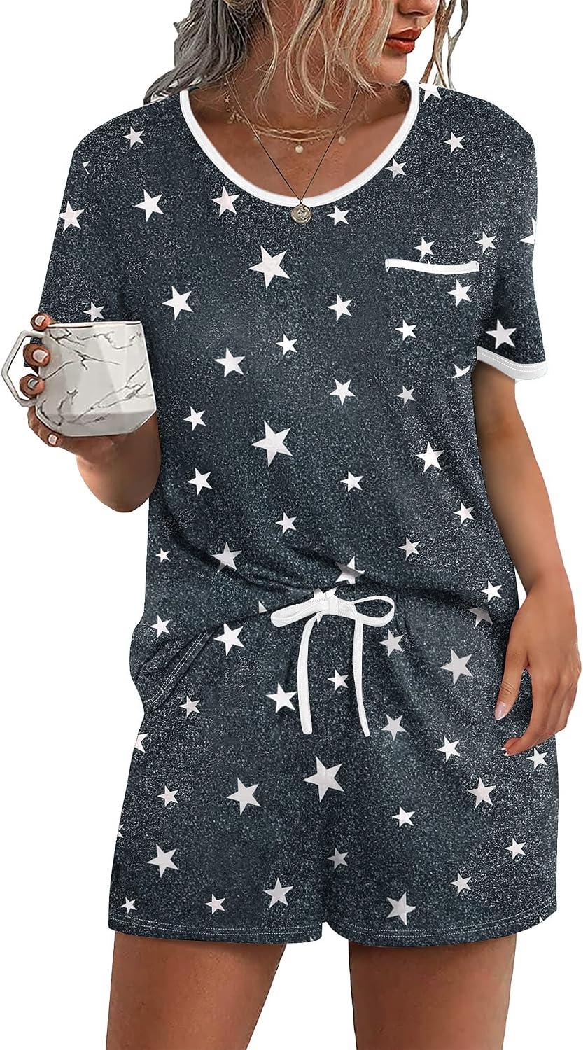 Ekouaer Pajama Set for Women 2 Piece Lounge Set Short Sleeve Tops and Shorts Soft Sleepwear, Chest Pocket