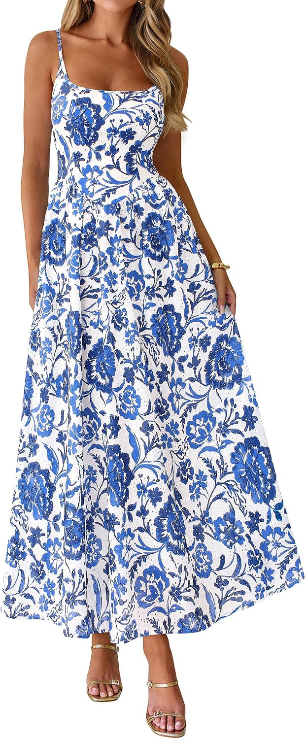 PRETTYGARDEN Womens 2026 Spring Boho Maxi Dress Eyelet Floral Long Flowy Sundresses Summer Beach Vacation Clothes