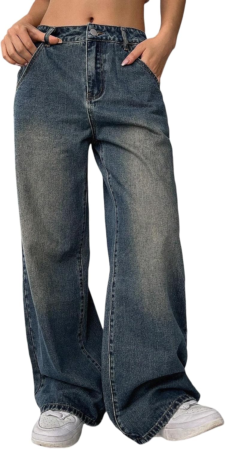 Women’s High Waist Baggy Jeans 90s Grunge Boyfriend Wide Leg Denim | Y2K Vintage Loose Fit in Medium/Retro Dark Blue Wash