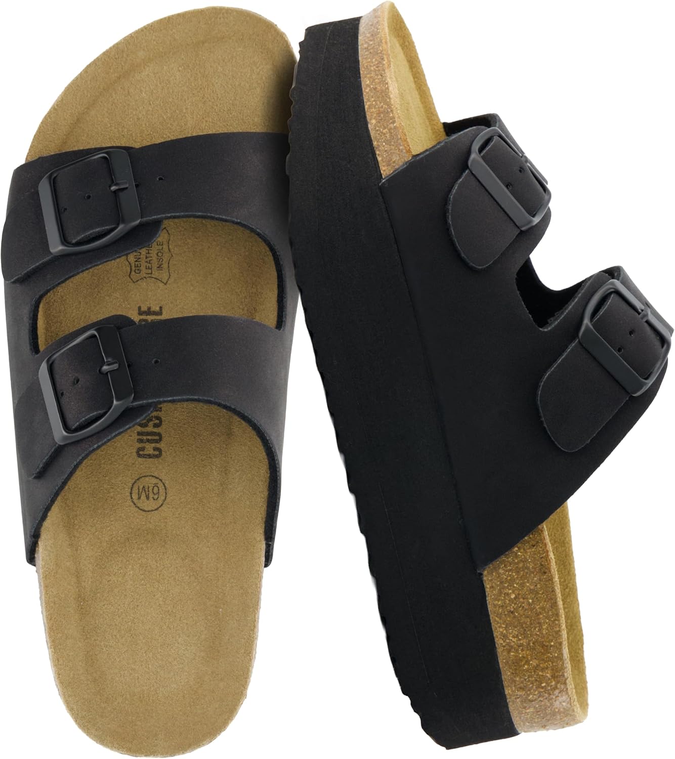 CUSHIONAIRE Plane Platform Sandals for Women with Adjustable Buckles and Genuine Suede Cork Footbed, Memory Foam, Wide Widths Available