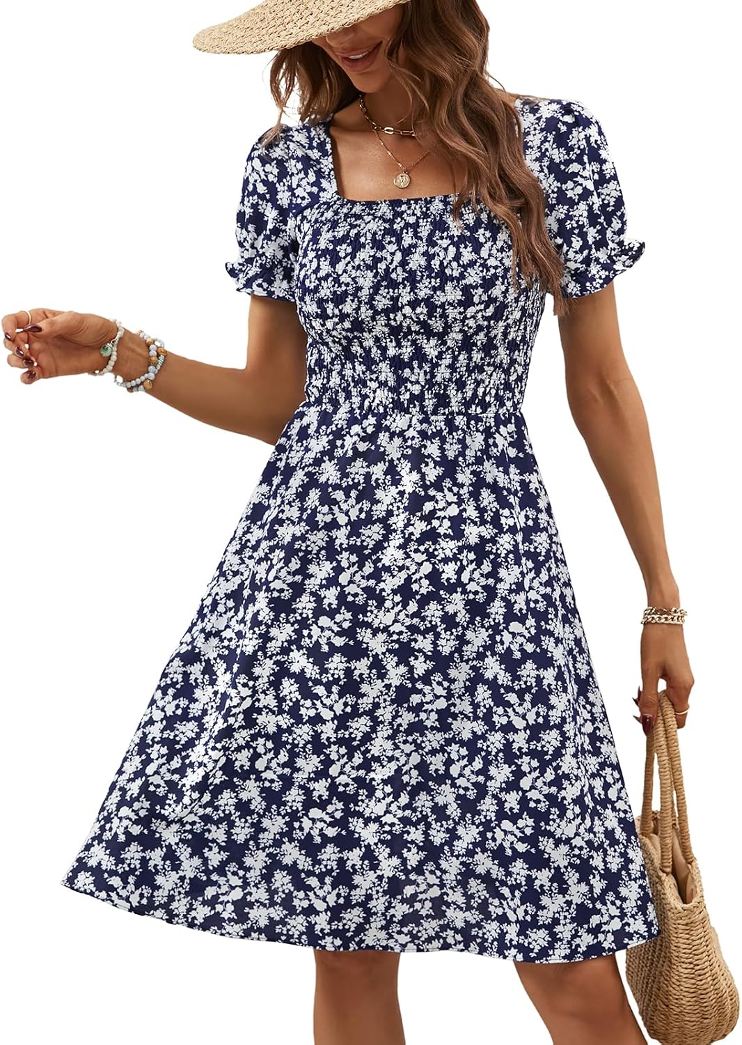 Berydress Women’s Summer Dresses 2026 Pockets Short Sleeve Square Neck Flowy A Line Casual Boho Smocked Mini Sun Dress
