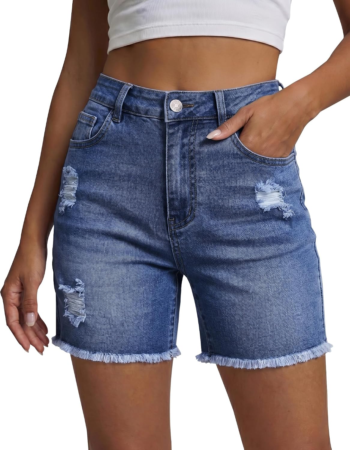 luvamia Jean Shorts for Women High Waisted Trendy Mid Thigh Distressed Ripped Frayed Stretchy Denim Shorts Cut Off Jorts
