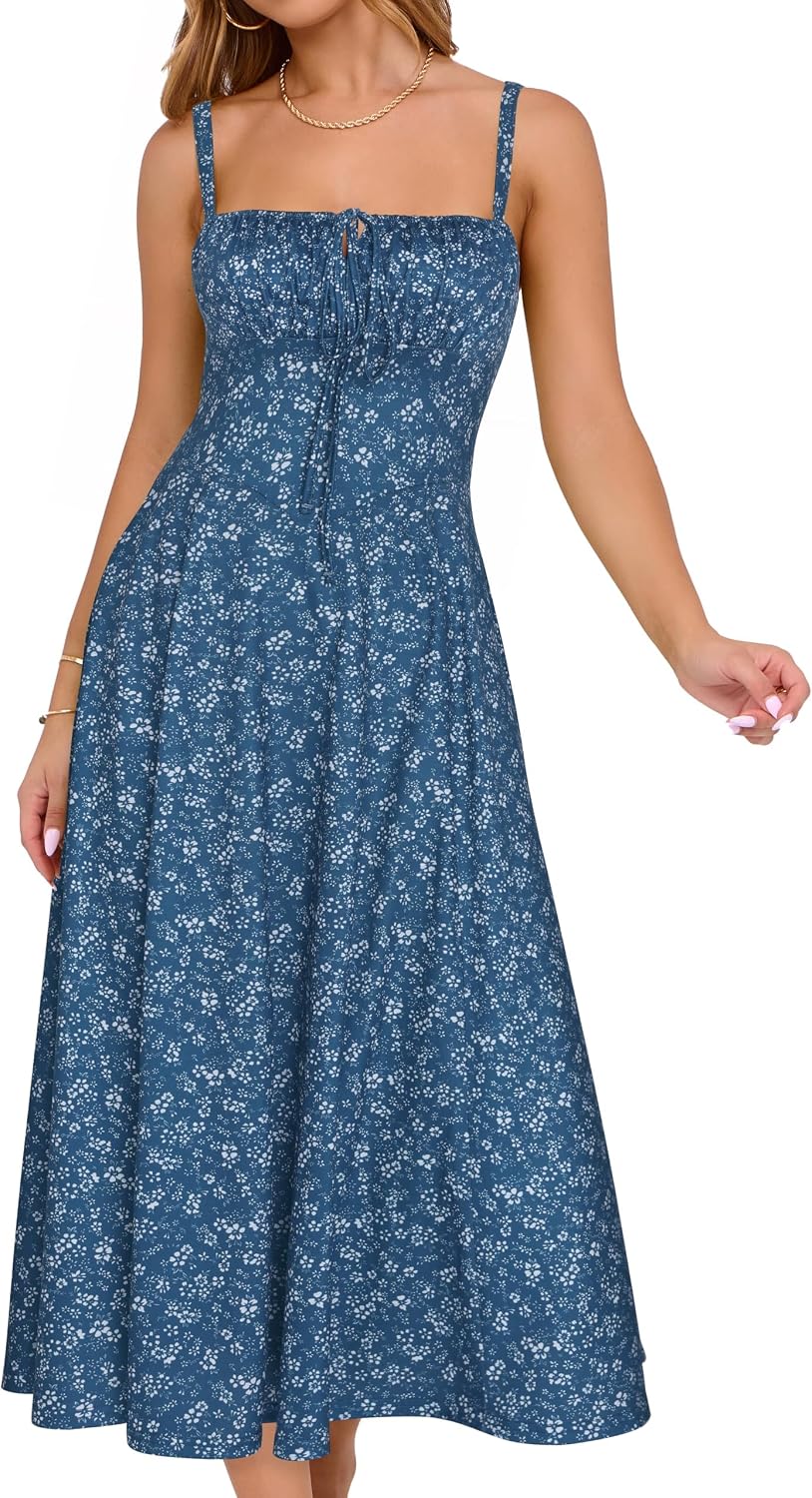 YATHON Women’s Summer Midi Corset Boho Dresses Spring Casual Floral Spaghetti Straps Lace Up Dress Flowy Aline Beach Sundress