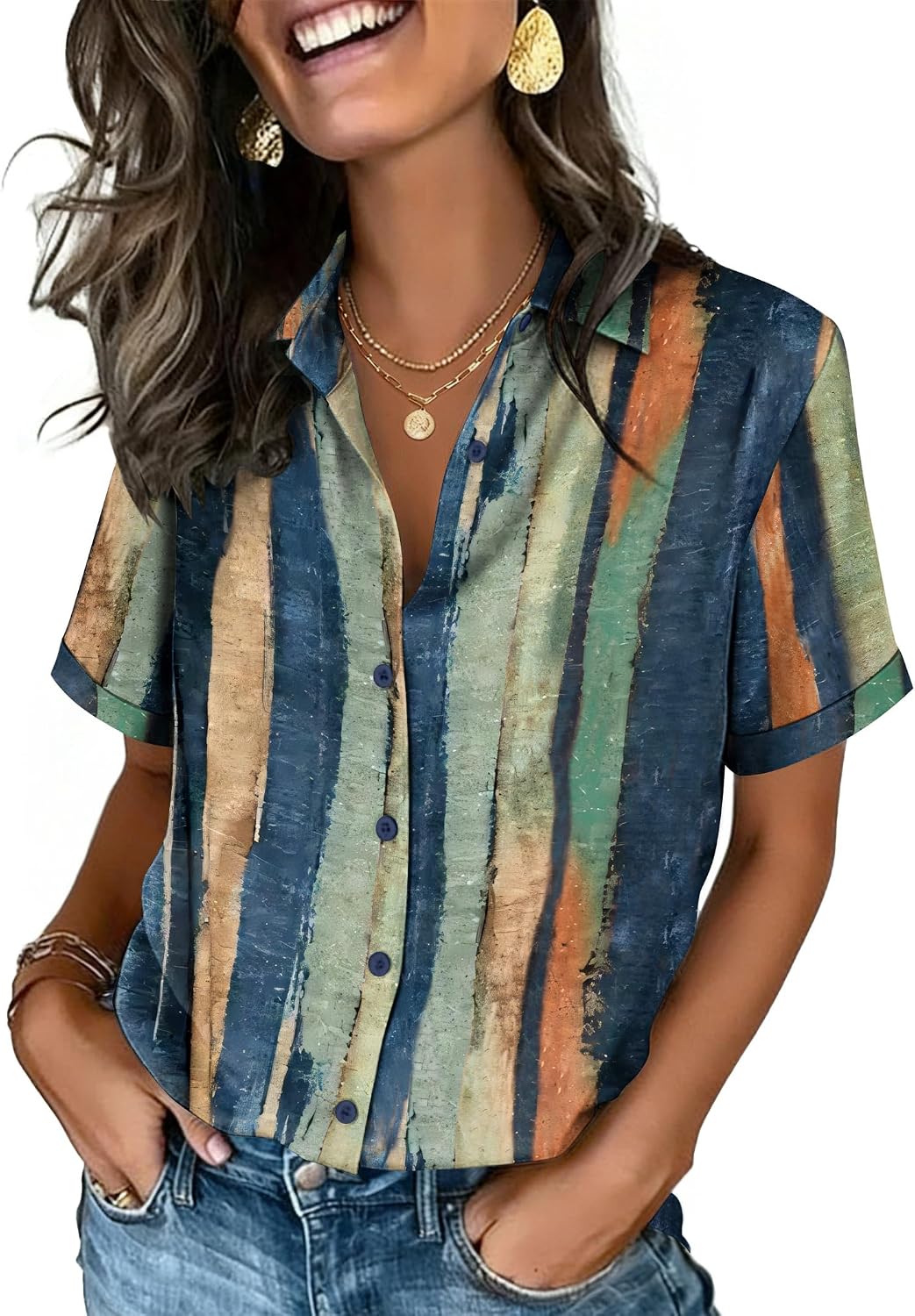 Zeagoo Button Down Shirts for Women Short Sleeve Collared Tops Dressy Casual V Neck Blouses
