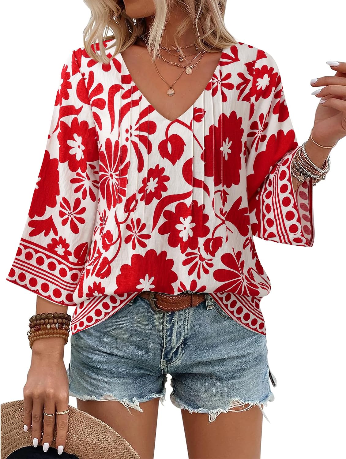 Youtalia Womens V Neck 3/4 Sleeve Bohemian Casual Blouses Loose Fit Tunic Tops Shirt Boho Floral Vacation Clothes