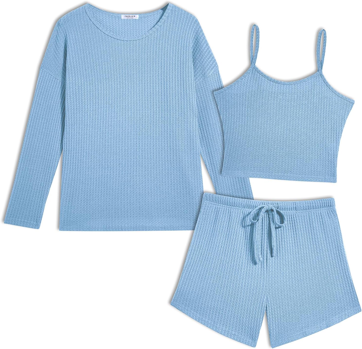 Ekouaer Womens Crop Cami 3 Piece Waffle Knit Lounge Set, Summer Pajama Sets with Long Sleeve Top & Drawstring Shorts