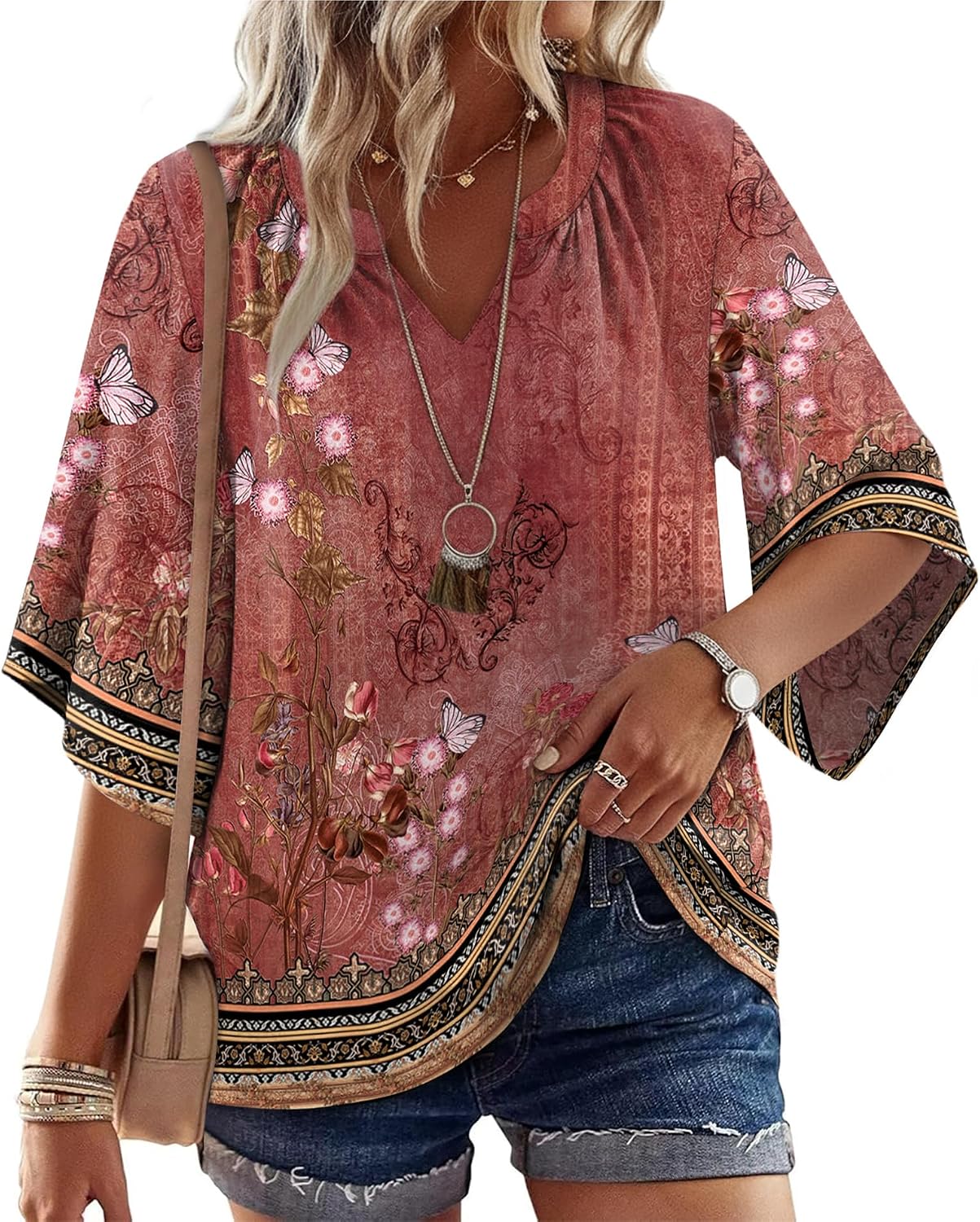 WIHOLL Boho Tops for Women Summer Spring 3/4 Sleeve Dressy Fashion V Neck Casual 2026 Business Beach Plus Size Resort Blouses
