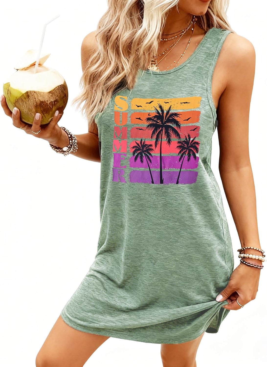 Summer Tank Dress for Women Casual Vacation Sundress Coconut Tree Graphic Beach Cover Up