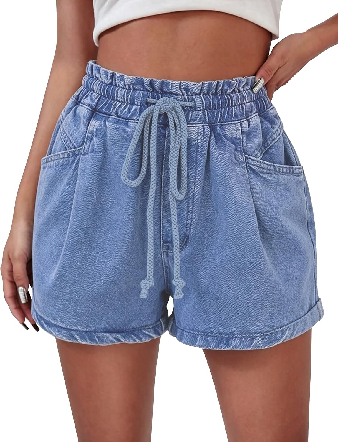 POTILI Jean Shorts for Women, Elastic Waist Denim Shorts for Casual Summer