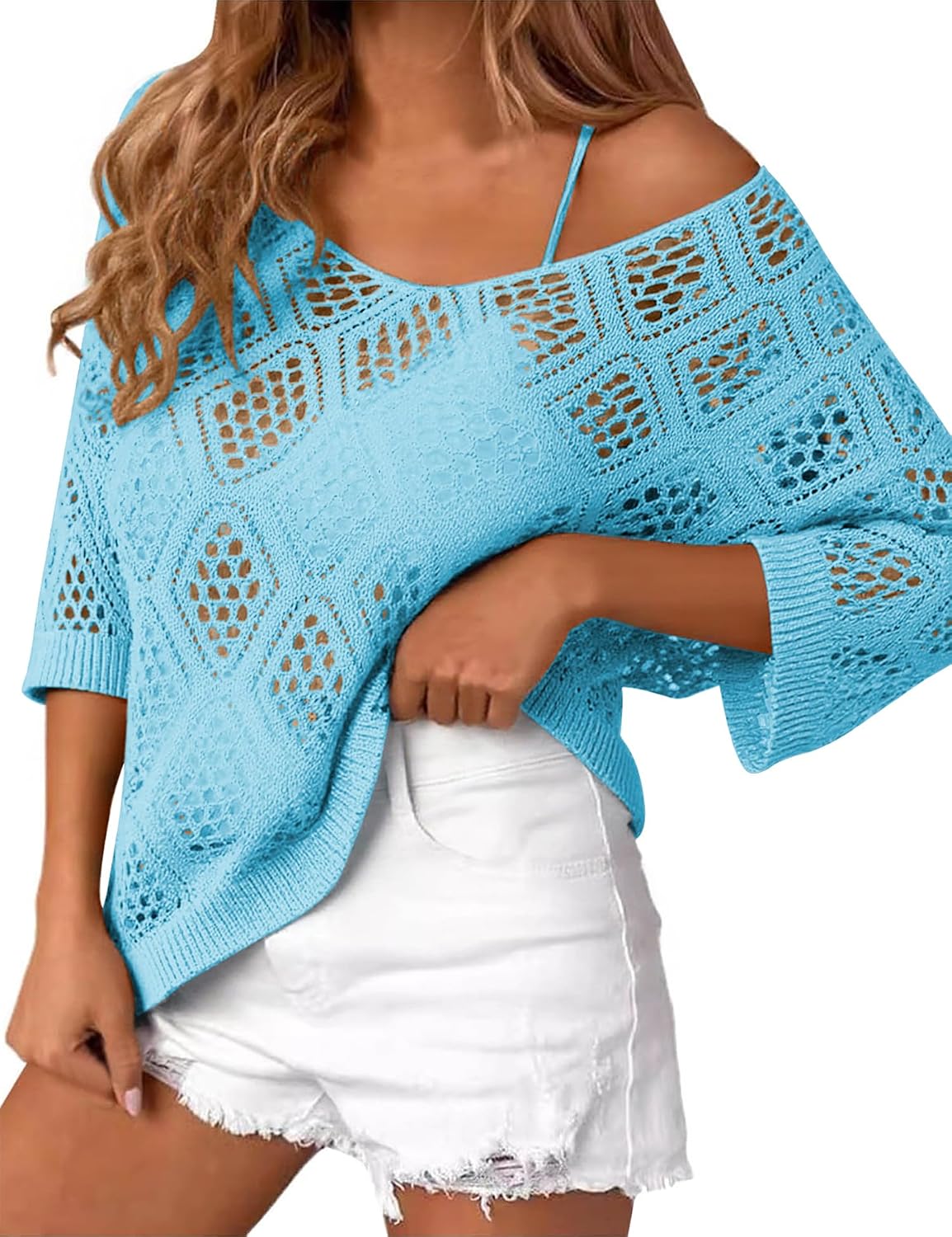 LOMON Womens 3/4 Sleeve Crochet Tops Off Shoulder Hollow Out Sweater V Neck Casual Loose Fit Beach Cover Up