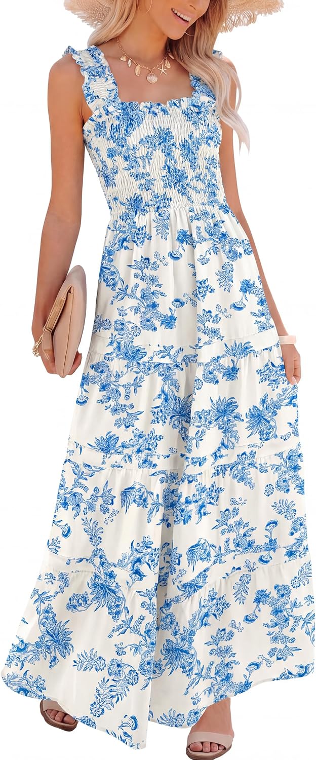 Caracilia Womens Summer Maxi Dresses Floral Smocked Sleeveless Ruffle Boho Casual Flowy Aline Beach Vacation Long Sundress