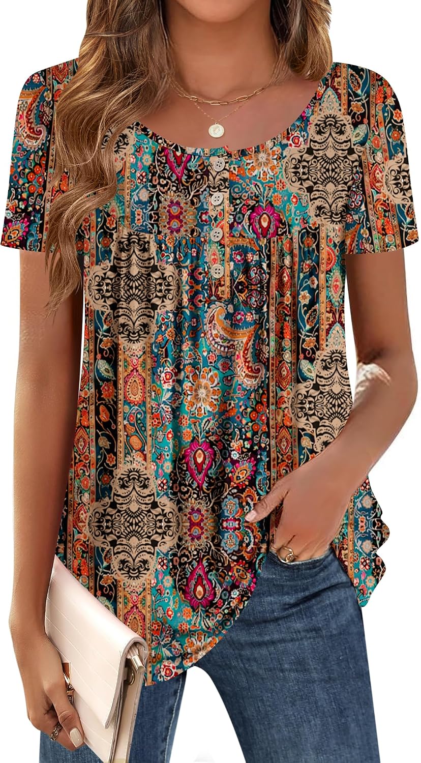 Zeagoo Women Tunic Tops Dressy Casual Summer Short Sleeve Shirts Floral Loose Fit Pleated Boho Top S-XXL