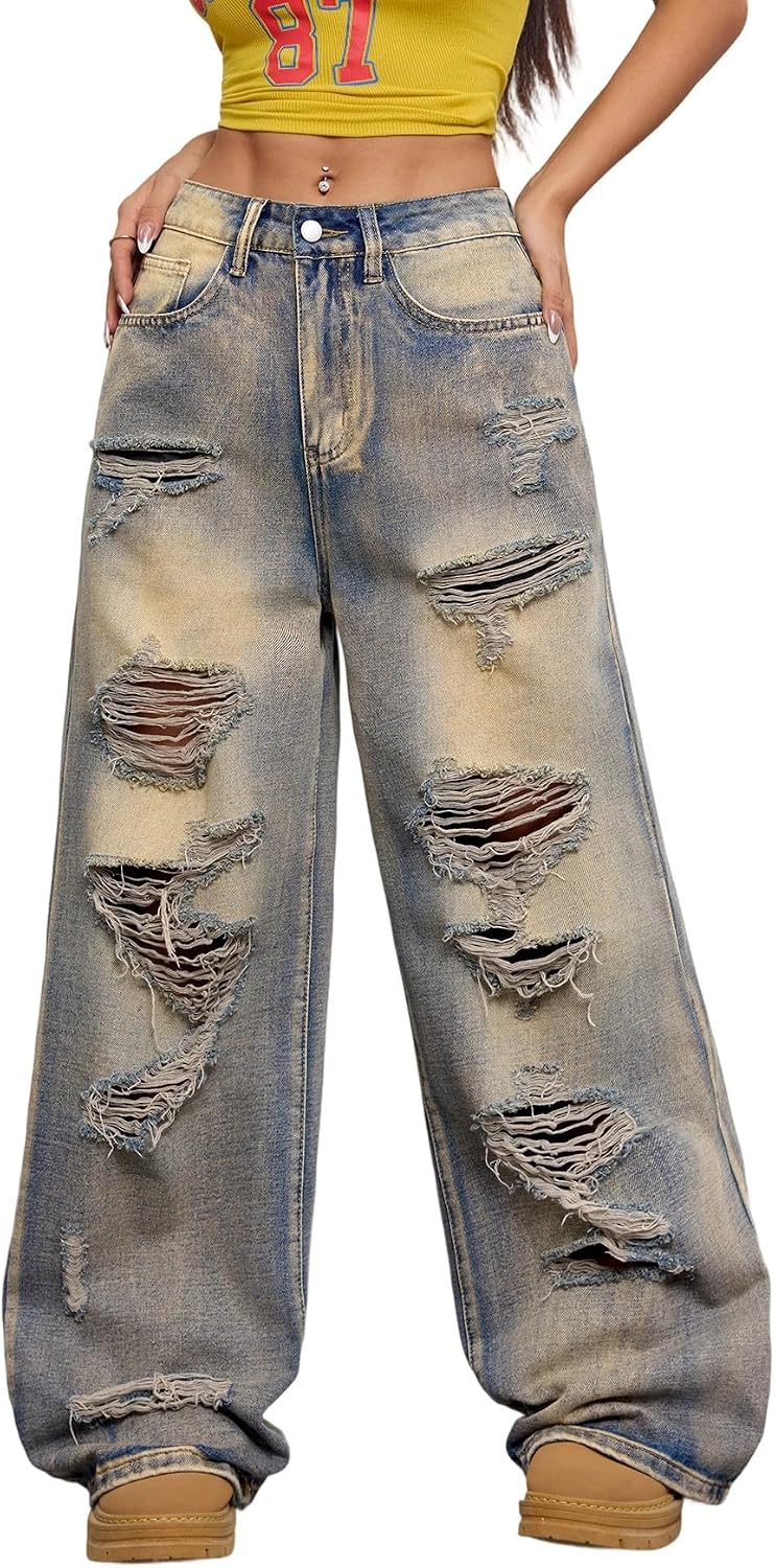 Womens Baggy Jeans Wide Leg Denim Pants Y2k 90s Vintage Hip Hop Loose Long Trousers Streetwear
