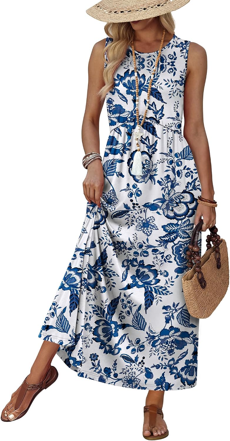 WIHOLL Summer Dresses Babydoll Maxi Dress Empire Waist Beach Vacation Sundresses 2026 with Pockets