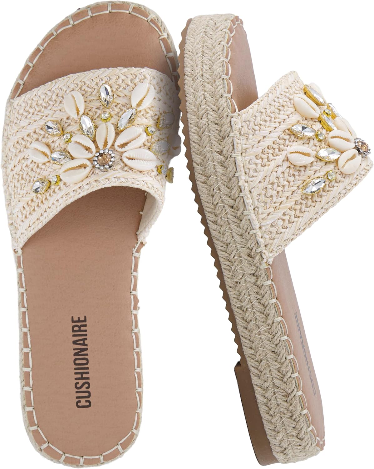 CUSHIONAIRE Playa Espadrille Platform Sandals for Women, Decorative Shell Embellishment and Boho Woven Detail Womens Slides