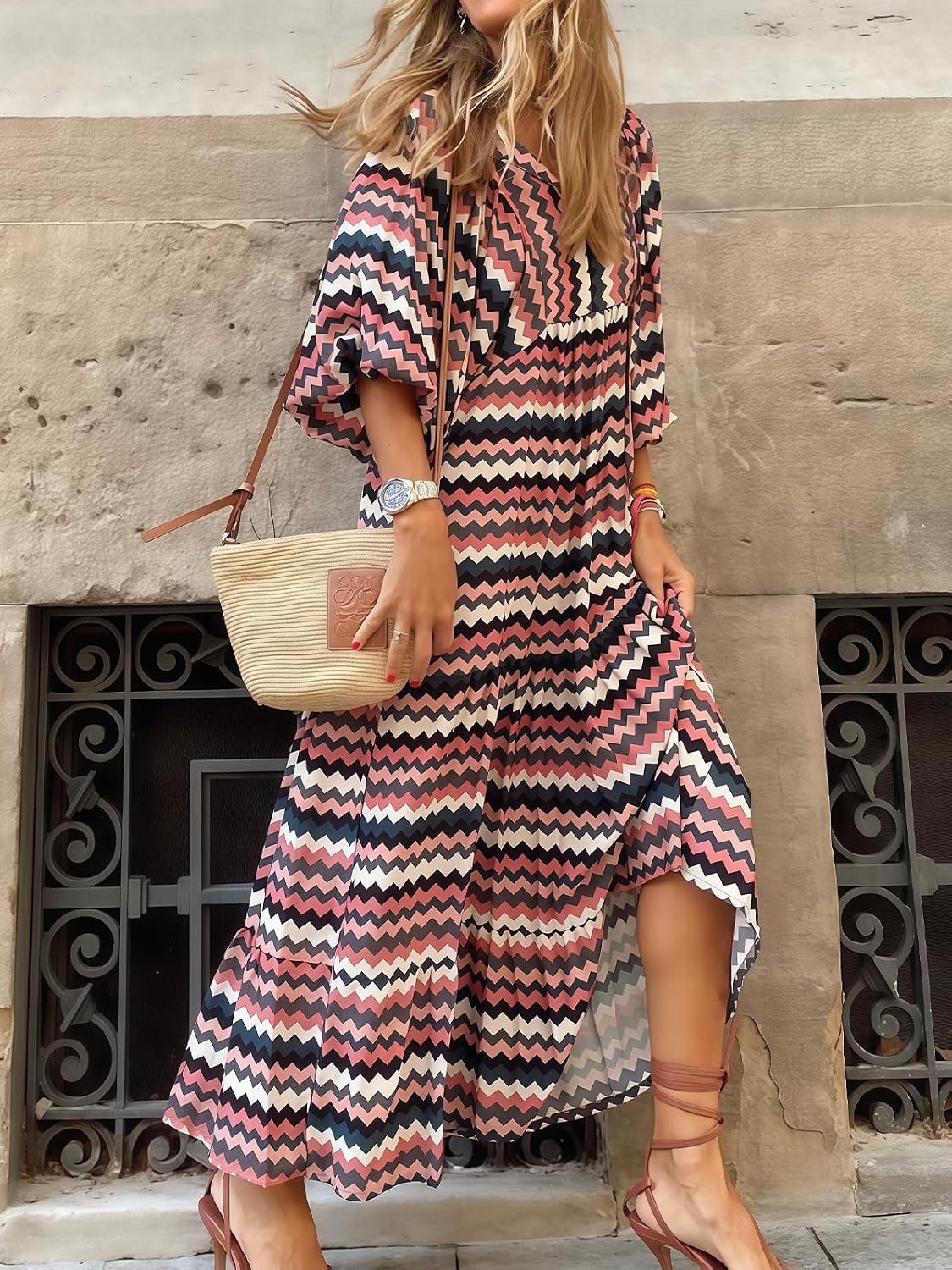 Womens Boho Dresses Summer V Neck Puff Sleeve for Women Floral Flowy Swing Casual Fashion Long Dress