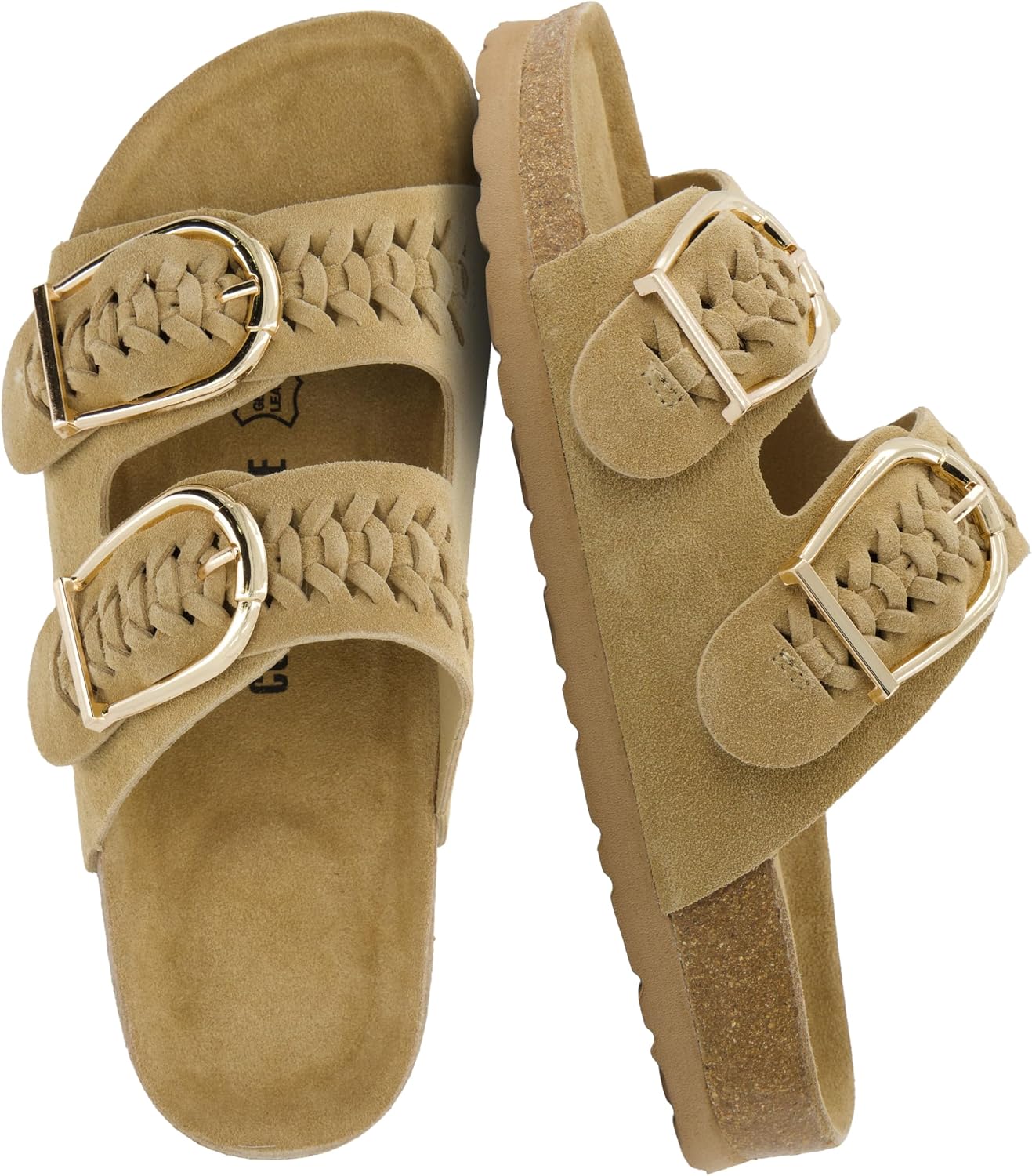 CUSHIONAIRE Cashew Slip On Womens Sandals, Genuine Suede Leather Braided Double Strap Slide On Sandals with Adjustable Big Buckle for Women