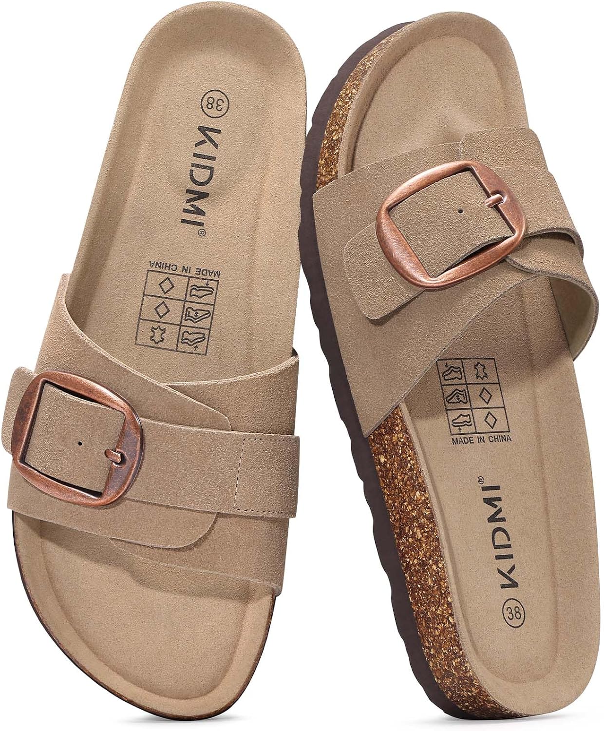 KIDMI Genuine Suede Cork Footbed Sandals for Women Comfortable Summer Slides with Buckle