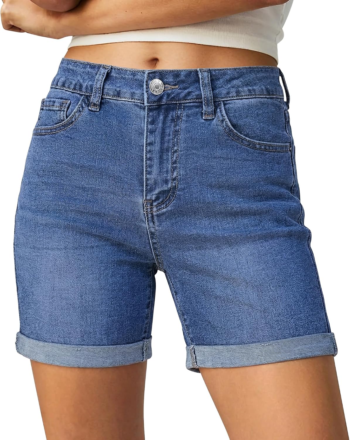 luvamia Jean Shorts for Women High Waisted Trendy Mid Thigh Long Cuffed Hem Stretchy Denim Shorts Casual Summer Jorts