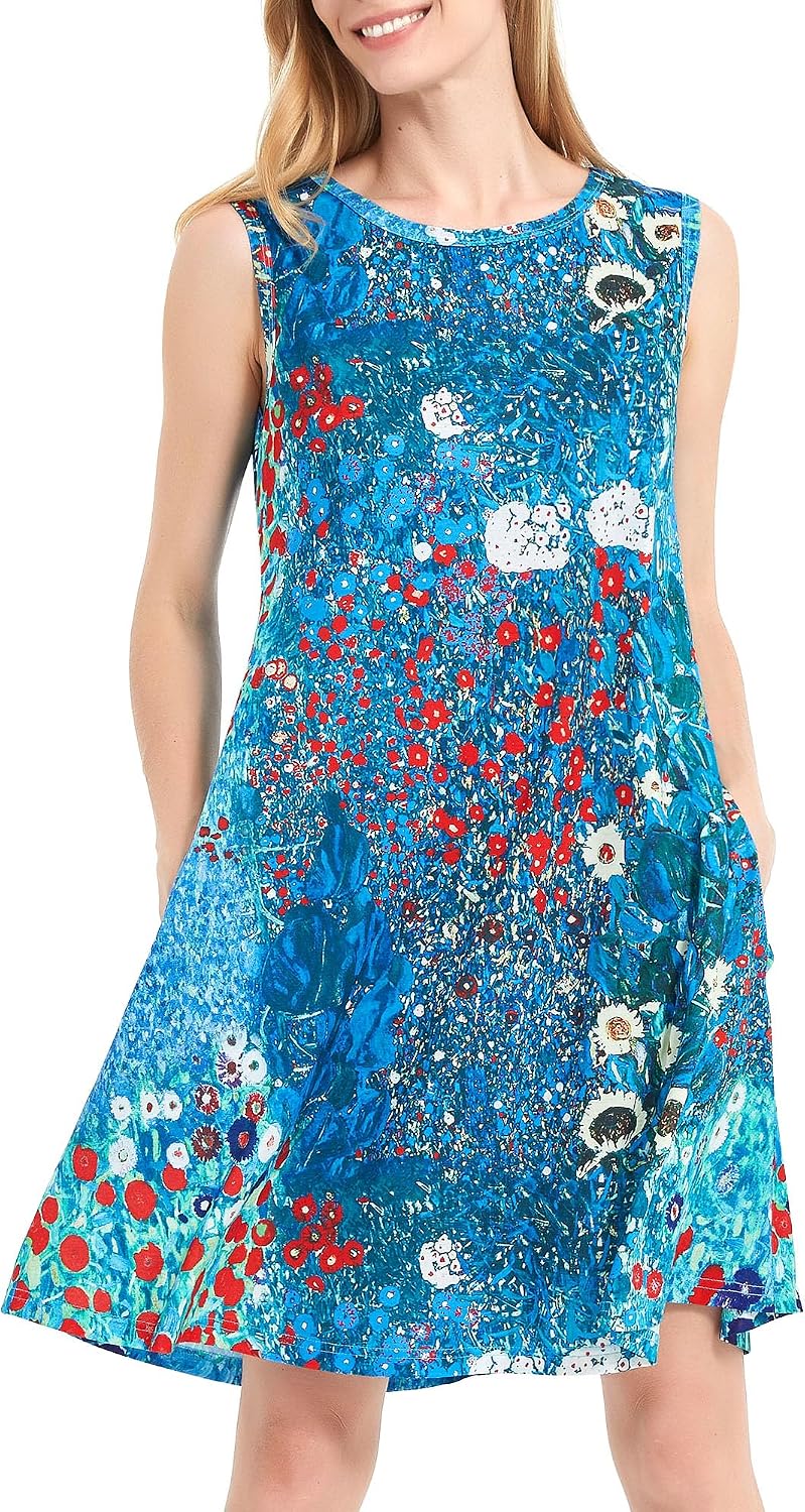 Scotamalone Summer Dresses for Women Casual Beach Travel Vacation Floral Tshirt Sundress Tank Dress Sleeveless with Pockets