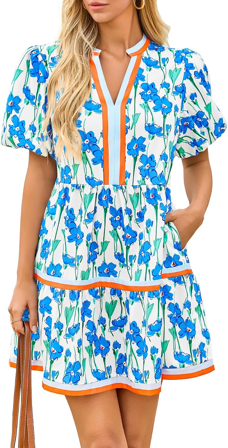 Cicy Bell Womens V Neck Floral Mini Dress Short Puff Sleeve Patchwork Summer Casual Boho Dresses