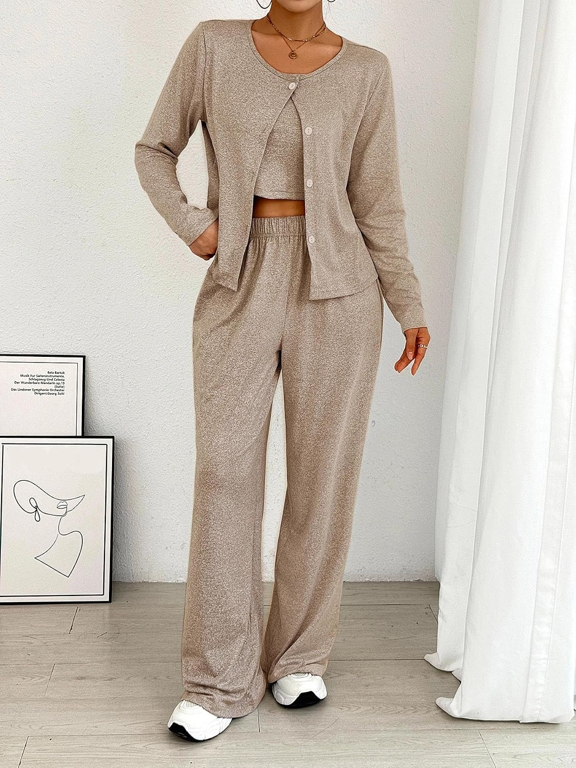 Women’s 3-Piece Loungewear Set, Stylish Fall Winter Set with Jacket Long Pants and Tank Top, Cozy and Comfortable Sleepwear