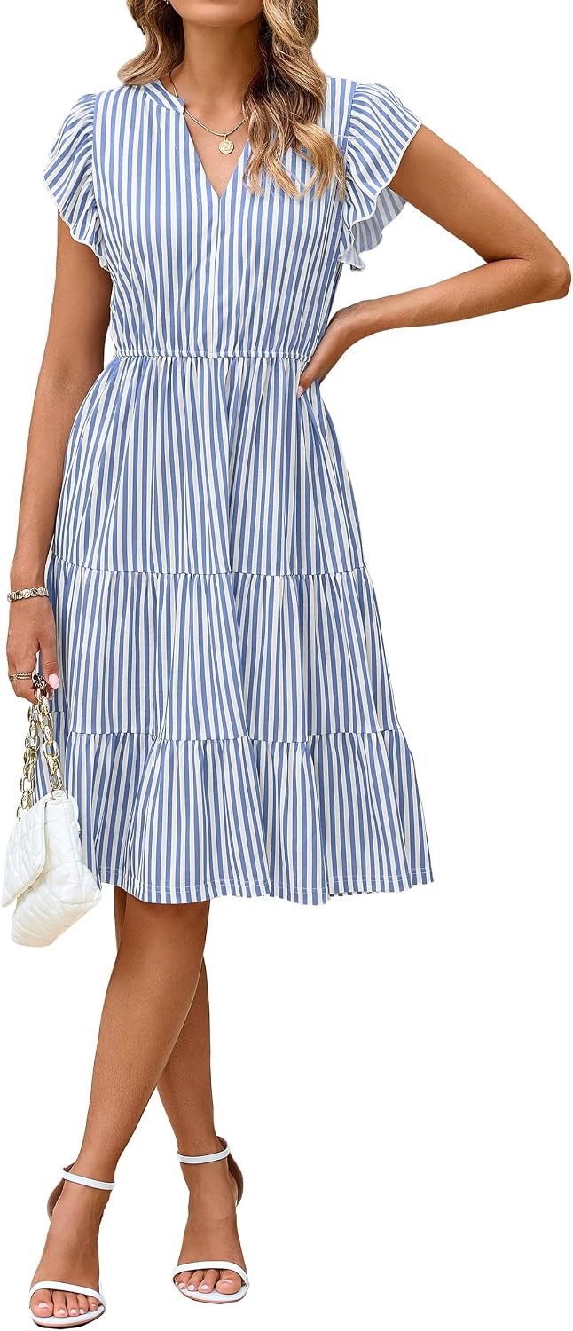 Glamaker Floral Tiered Midi Sundress Casual Summer V Neck Flutter Sleeve Striped Sun Dress with Pockets