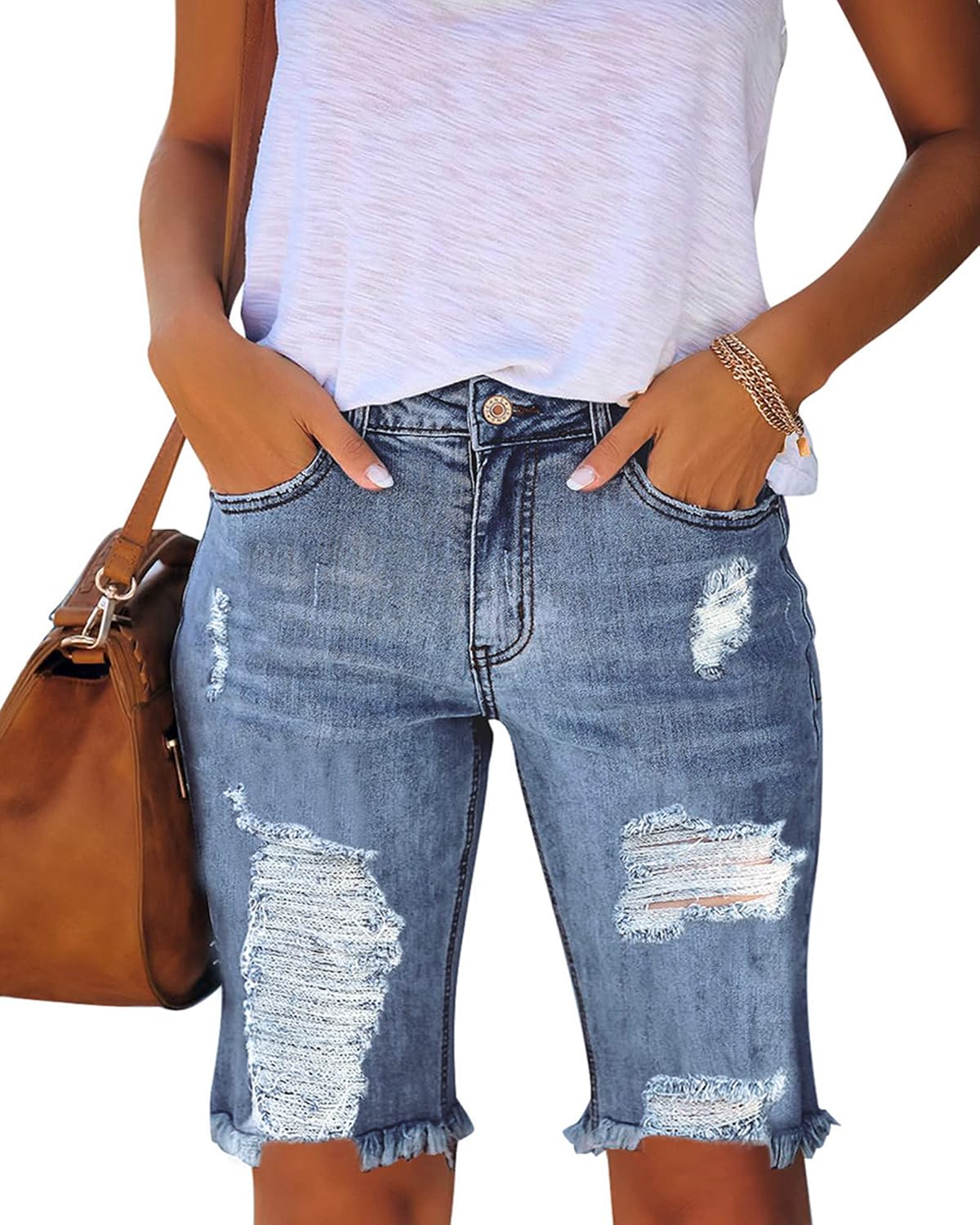 Utyful Women Summer Frayed Ripped Bermuda Shorts Distressed Denim Jeans Short