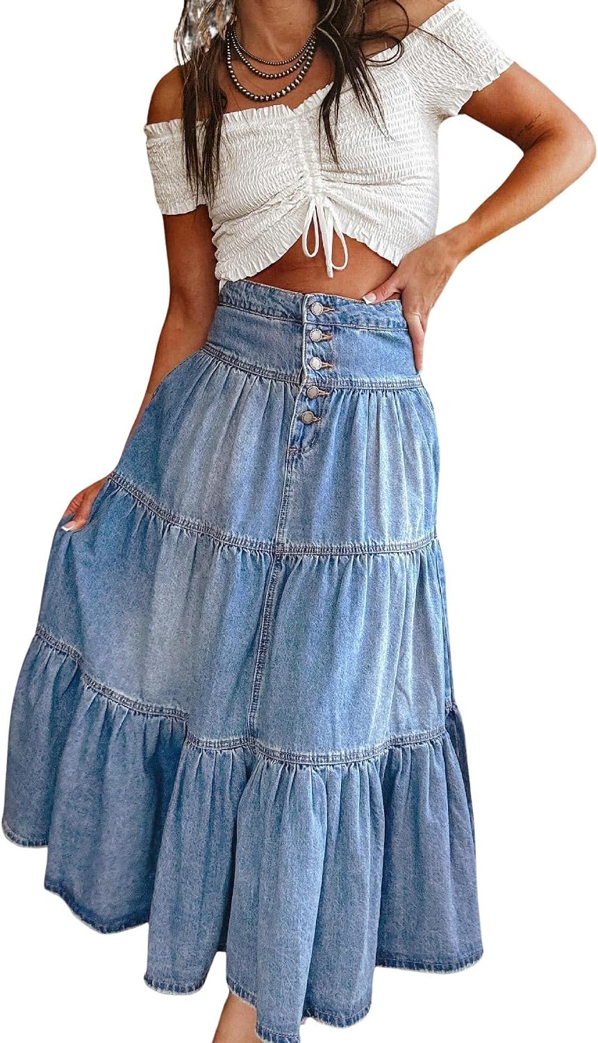 utcoco Women’s High Waist Long Denim Skirt Button-Fly Tiered Ruffle Swing A-Line Jean Maxi Skirt with Pockets