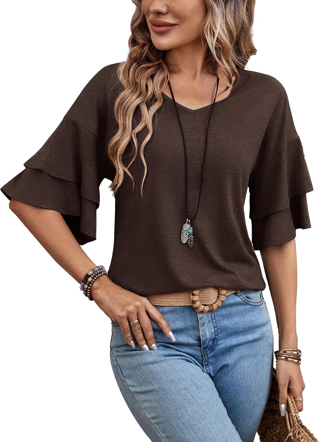 Sialois Womens Blouses 3/4 Length Sleeve Tops Ruffle V Neck Shirts Casual Tunic Spring Fall Summer Fashion Work Clothes