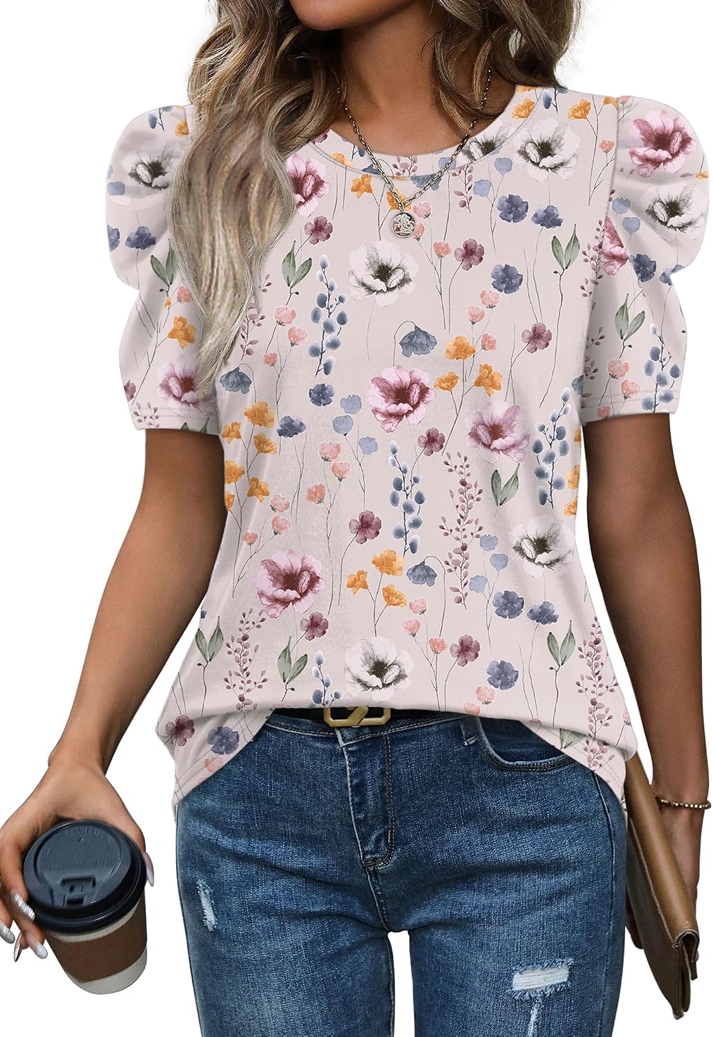 WIHOLL Summer Tops for Women Puff Sleeve Crewneck T Shirts Dressy Casual Blouses Spring Outfits Fashion Clothes