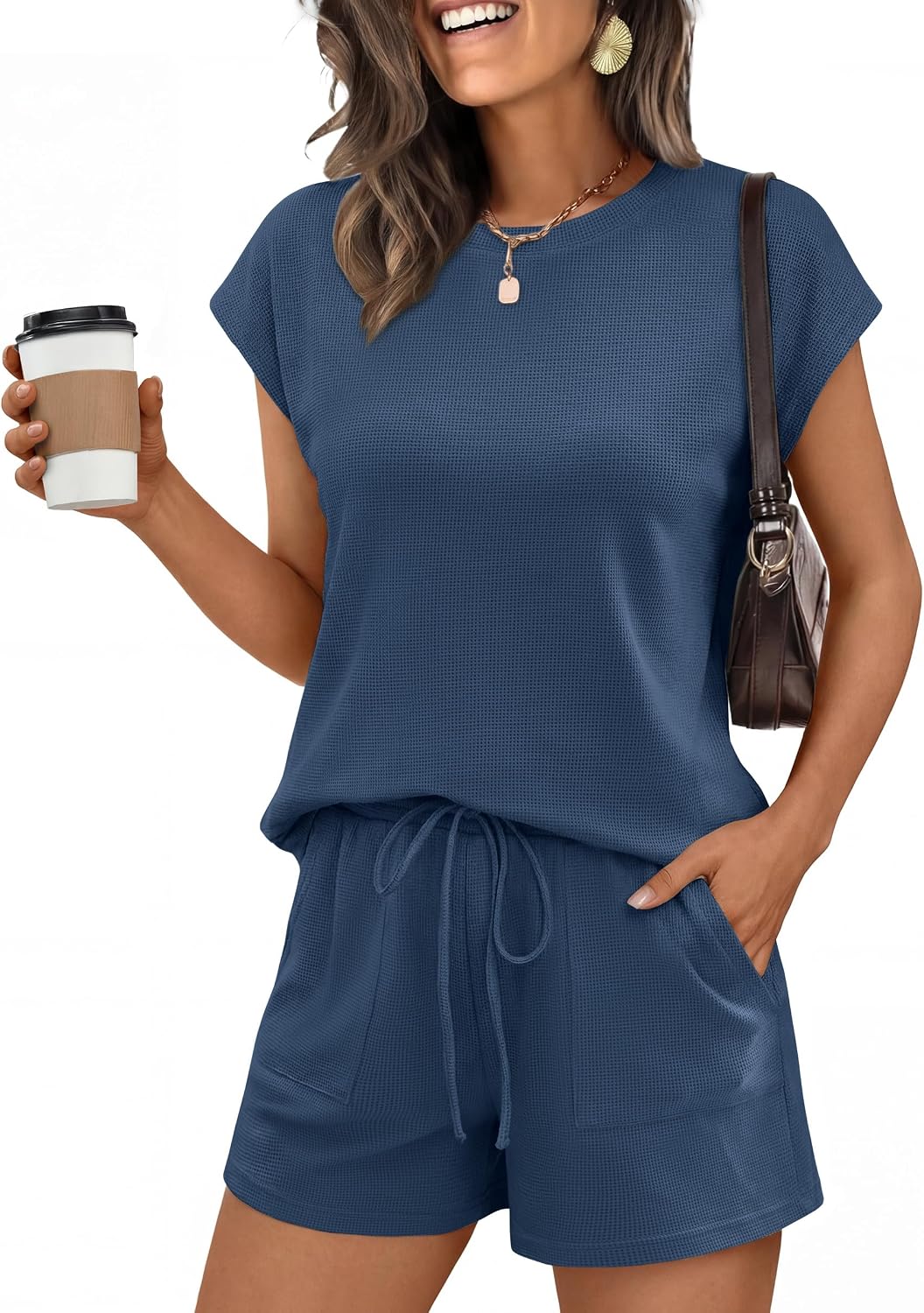 ANRABESS Womens Waffle Knit 2 Piece Short Sets Cap Sleeve Summer 2026 Matching Lounge Outfits Travel Beach Vacation Sweatsuit