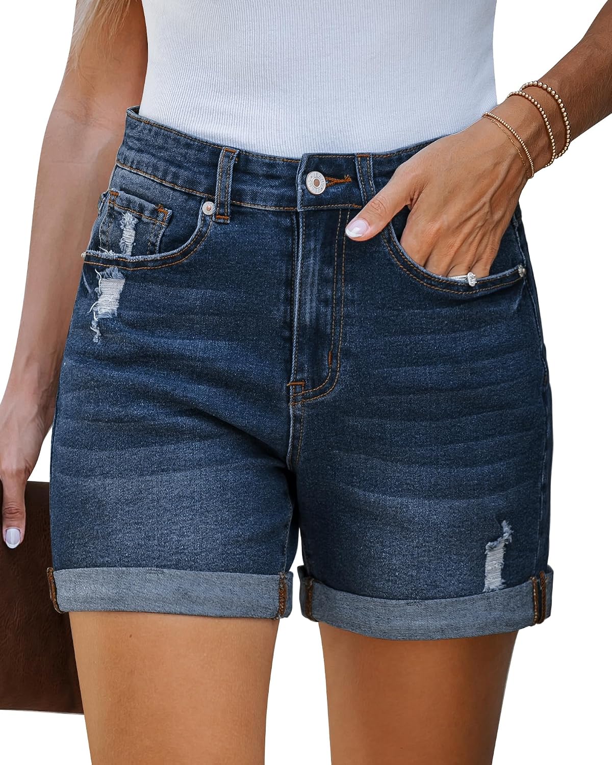 LookbookStore Jean Shorts Womens Stretchy High Waisted Ripped Denim Shorts with Pockets Trendy Distressed Cut Off Shorts