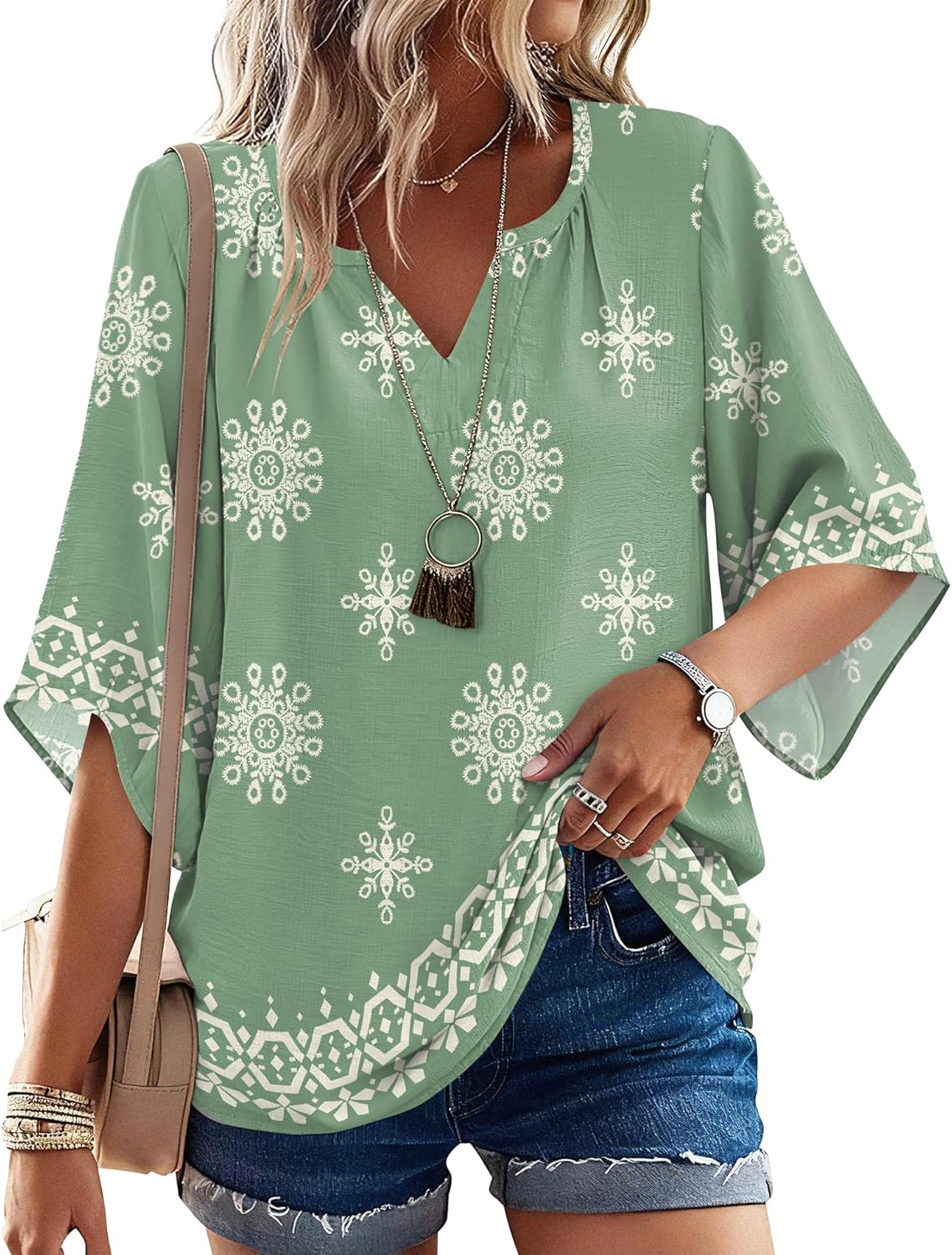 LOMON Women’s 3/4 Length Sleeve Boho Tops V Neck Casual Vacation Clothes Loose Fit Tunic Shirts S-3XL