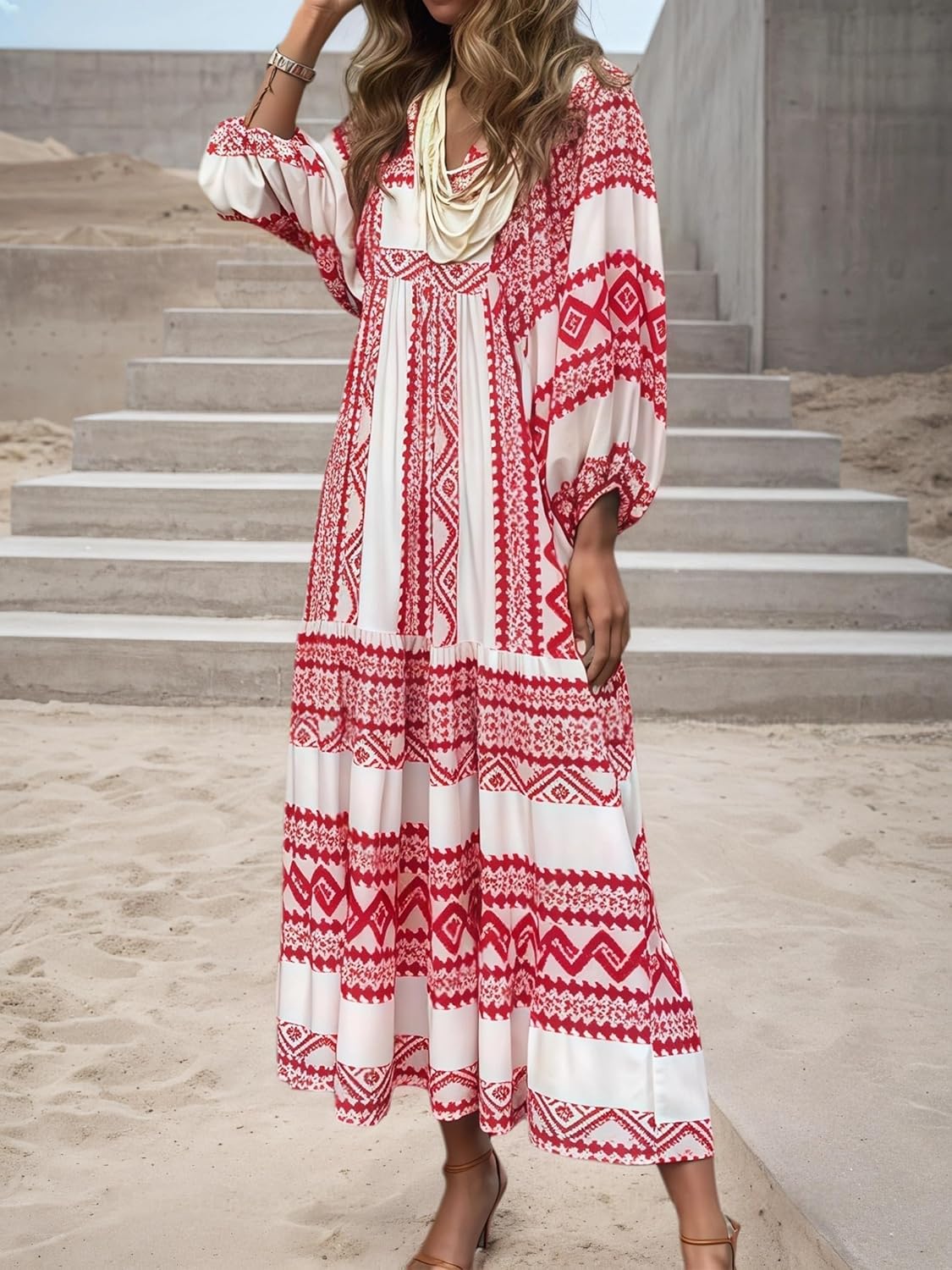 Womens Boho Dresses Summer V Neck Puff Sleeve Floral Flowy Swing Casual Long Dress