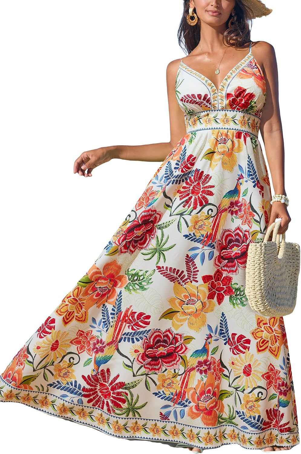 CUPSHE Women’s Summer Dresses Casual Spring V Neck Sleeveless Floral Beach Vacation Long Spaghetti Strap Flowy Maxi Dress