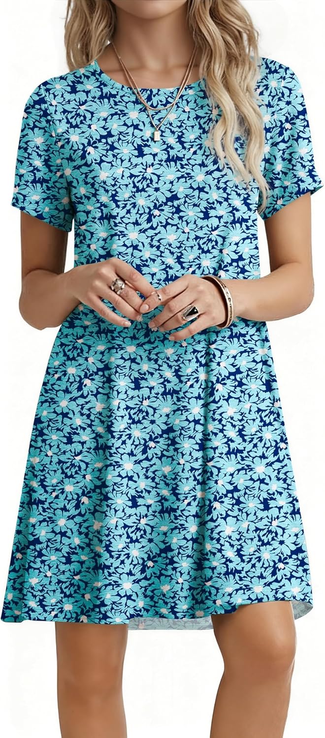 Women’s Casual Short Sleeve Crew Neck T Shirt Dress Loose Floral Summer Dresses
