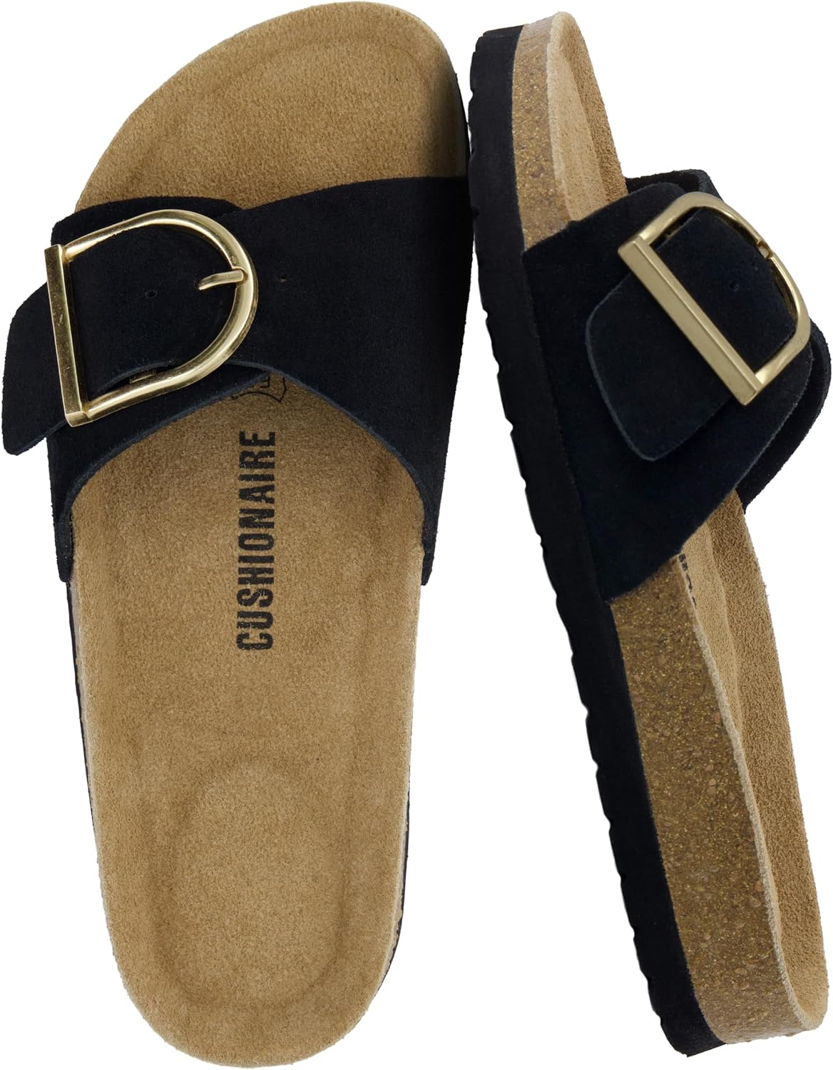 CUSHIONAIRE Leeds 100% Genuine Leather Suede Womens Sandals, Comfortable Slides for Women with Adjustable Statement Buckle