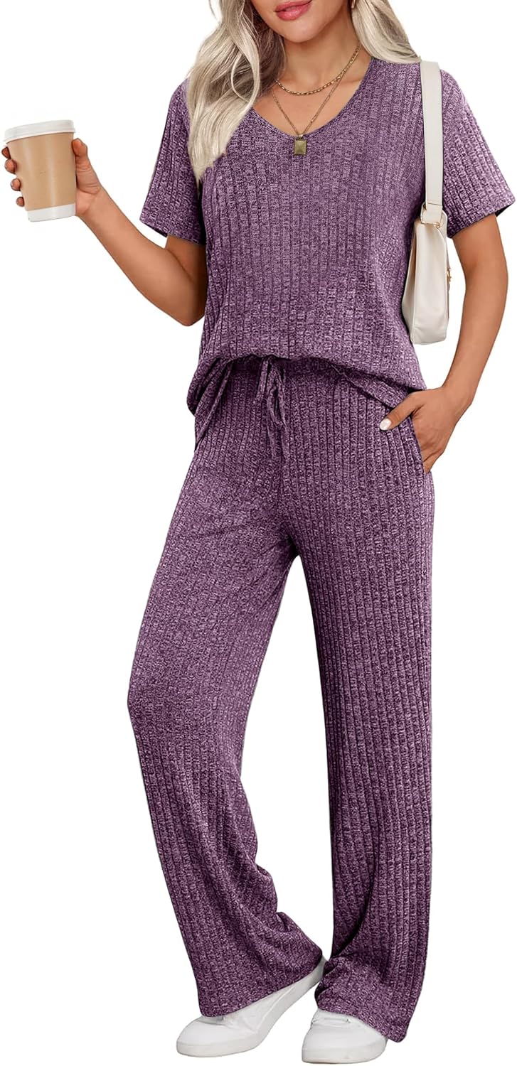 Ekouaer Womens Ribbed Knit Lounge Set Short Sleeve Top and Long Pants Sleepwear Pajama Set Two Piece Matching Outfits Set