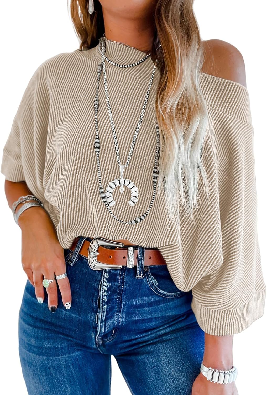 EVALESS Sexy Off The Shoulder Tops for Women 3/4 Length Sleeve Womens Tops Spring Summer 2026 Boat Neck One Shoulder Shirts