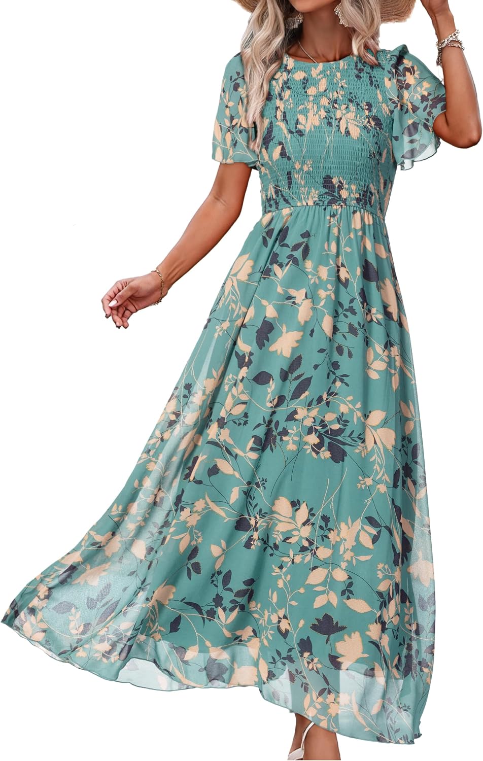 Simplee Womens Casual Floral Summer Maxi Dress 2026 Boho Flowy Short Sleeve Crew Neck Vacation Smocked Chiffon Dresses