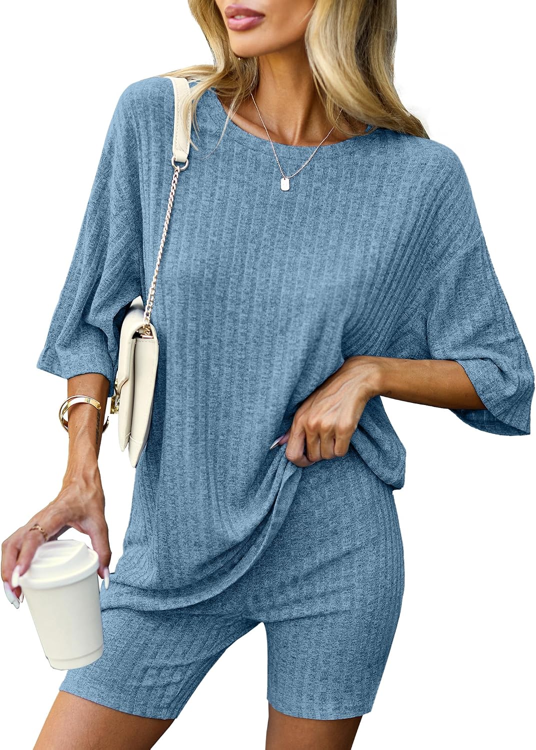 Ekouaer Pajamas 2 Piece Lounge Sets Ribbed Knit Matching Outfits T-shirt Biker Shorts Sleepwear Loungewear Sweatsuits
