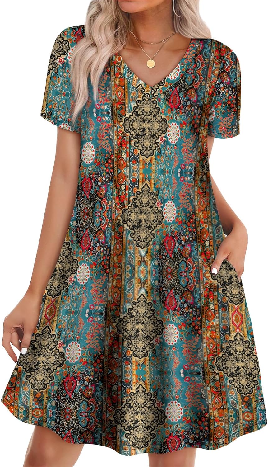 WIHOLL Boho Summer Dresses for Women Casual Loose T Shirt Dress with Pockets Beach Vacation Outfits S-4XL