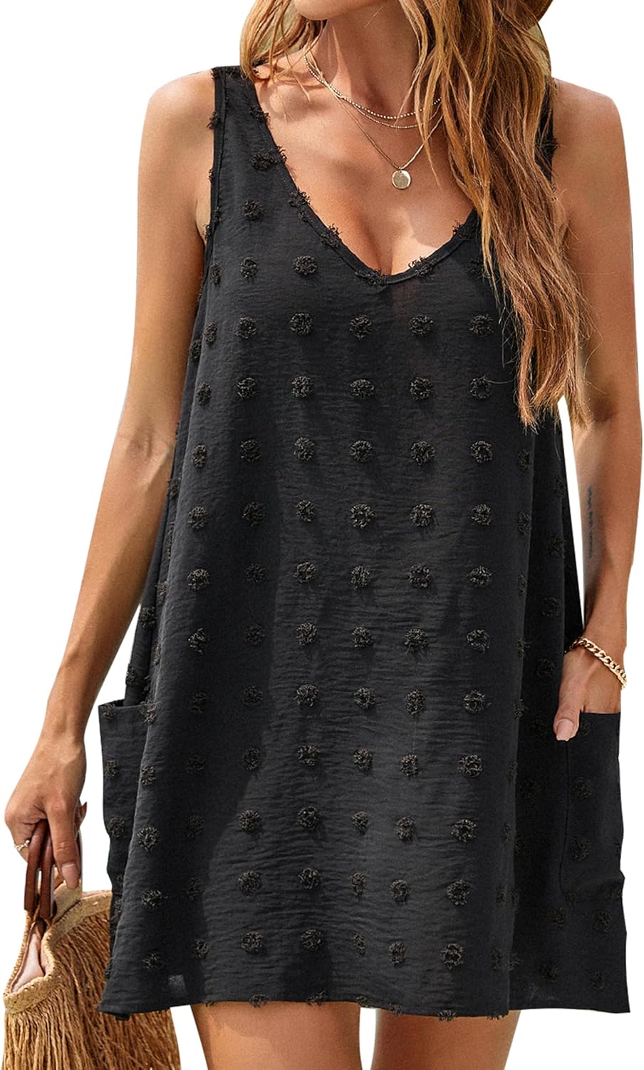 Blooming Jelly Womens Polka Dot Beach Cover Up Summer Dress V Neck Casual Swimsuit Coverup with Pockets